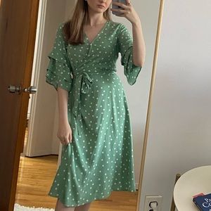 Midi Green white polka dot wrap dress